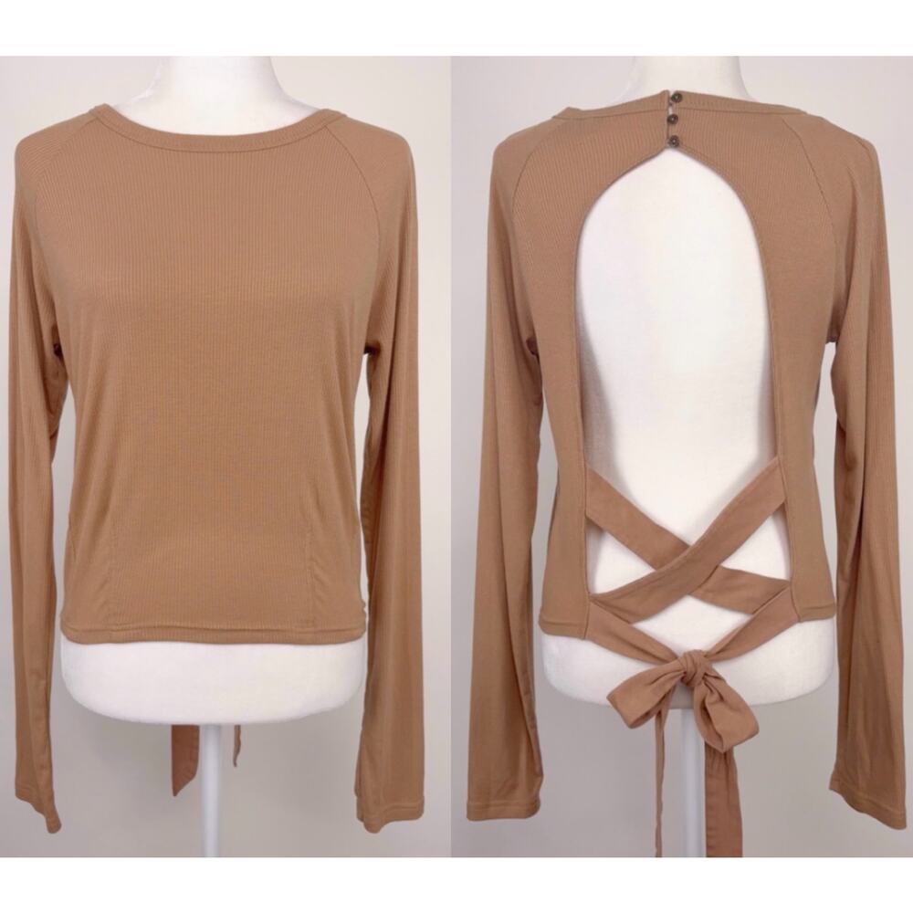 Free People Night Trouble Long Sleeve Open Back Tie Top Size Large Tan